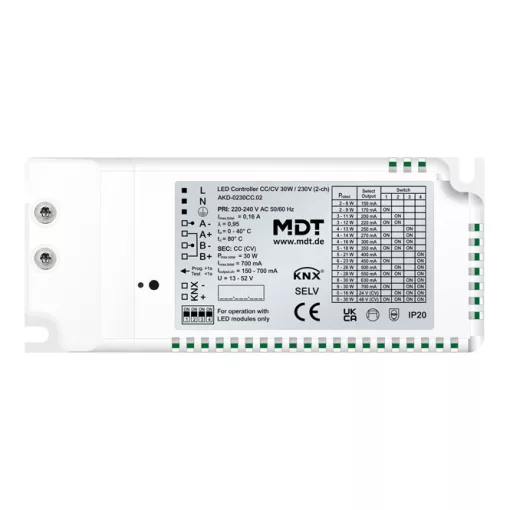 MDT AKD-0230CC.02 KNX LED-vezérlő CC/CV tápegységgel, süllyesztett | 2-csatornás, 30 W