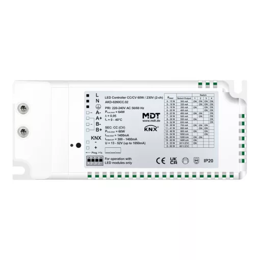 MDT AKD-0260CC.02 KNX LED-vezérlő CC/CV tápegységgel UP | 2-csatornás