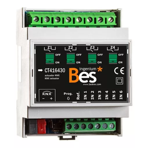 BESKNX CT416430 KNX univerzális aktor 30 A | 4 kimenetes, 6 bemenet, mech. kézi vezérlés