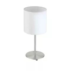   EGLO 31594 PASTERI, beltéri asztali lámpa, E27 foglalattal, MAX 1X60W teljesítménnyel, matt nikkel / acél lámpatest, IP20, fehér / textil búrával, zsinórkapcsolóval