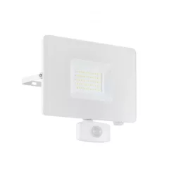   EGLO 33159 FAEDO 3, kültéri, IP44-es fali lámpa, LED-es foglalattal, MAX 50W teljesítménnyel, 4800 lm, 5000 K, fehér / alumínium lámpatest, mozgásérzékelővel, áttetsző / üveg búrával, sarokra szerelhető, LED nem cserélhető