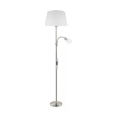   EGLO 95686 CONESA, beltéri állólámpa, E27/E14 foglalattal, MAX 1X60W/1X40W teljesítménnyel, matt nikkel / acél lámpatest, IP20, fehér / textil, opál üveg búrával, zsinórkapcsolóval