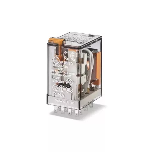 Finder 55.34.8.024.0020 Miniatűr ipari relé 4 váltóérintkező (CO) AgNi, 24V AC (50/60 Hz) vezerlőfeszültség, 7A folytonos áram, foglalatba dugaszolható - mechanikus állapotjelzés