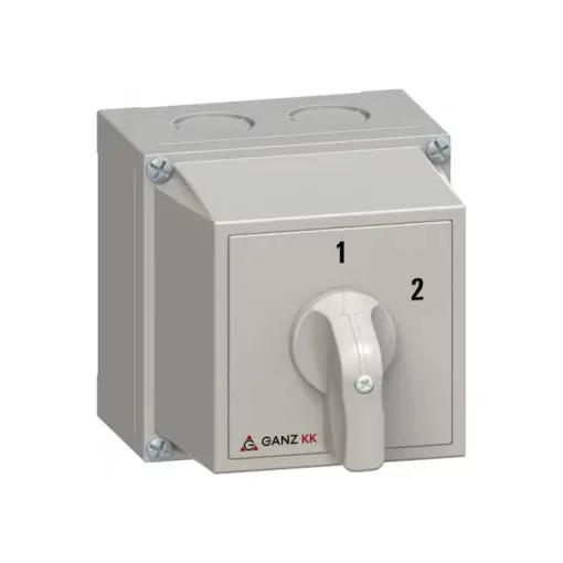 Ganz KK KKM0-20-6004 kézi tokozott átkapcsoló, 1-2 állás, 3P, 20A, IP65, 690V, 5,5kW kapcsolható teljesítmény(AC-3,400V), 100x100x122mm ( Ganz 3AC6004XB00S40 )