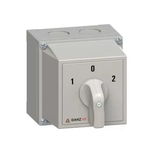 Ganz KK KKM0-20-6006 kézi tokozott átkapcsoló, 1-0-2 állás, 3P, 20A, IP65, 690V, 5,5kW kapcsolható teljesítmény(AC-3,400V), 100x100x122mm ( Ganz 3AC6006XB00S40 )