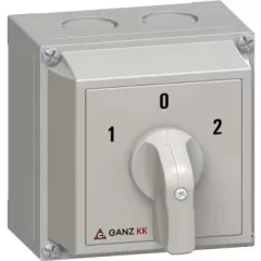   Ganz KK KKM0-20-6426 kézi tokozott átkapcsoló, 1-0-2 állás, 1P, 20A, IP65, 690V, 5,5kW kapcsolható teljesítmény(AC-3,400V), 88x88x101mm ( Ganz 3AC6426XB00S20 )