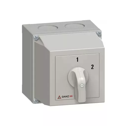 Ganz KK KKM1-32-6004 kézi tokozott átkapcsoló, 1-2 állás, 3P, 32A, IP65, 690V, 15kW kapcsolható teljesítmény(AC-3,400V), 100x100x140mm ( Ganz 4AF6004XB00S40 )