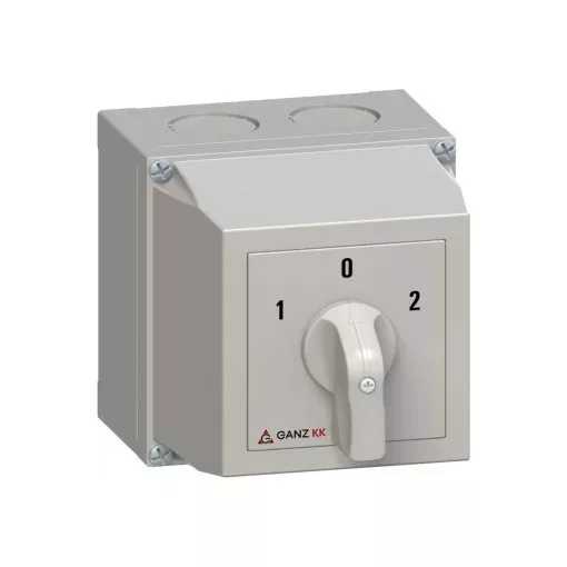 Ganz KK KKM1-32-6006 kézi tokozott átkapcsoló, 1-0-2 állás, 3P, 32A, IP65, 690V, 15kW kapcsolható teljesítmény(AC-3,400V), 100x100x140mm ( Ganz 4AF6006XB00S40 )