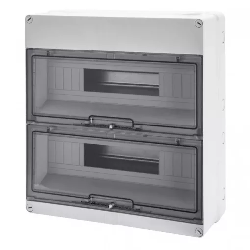 Gewiss GW40009 műanyag kiselosztó 36 modul, 2 sor, átlátszó ajtóval, IP55, 1000V DC, UV álló, falon kívüli - 400x376x135,5 mm (Gewiss GW40009)