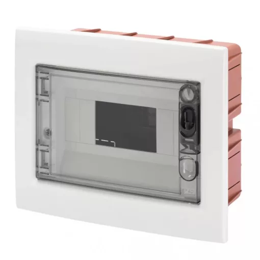 Gewiss GW40604BS műanyag kiselosztó 8 modul, 1 sor, átlátszó ajtóval, IP40, téglafalba süllyesztett - PE és N sínnel - 193x240x97 mm (fal kivágás 162x200x85mm) (Gewiss GW40604BS)