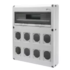   Gewiss GW68013N – Q-DIN 20 Ipari Elosztódoboz – 20 DIN Modul – 8 IEC 309 16/32A IP44/67 csatlakozóperemekkel – IP65 – Szürke RAL 7035