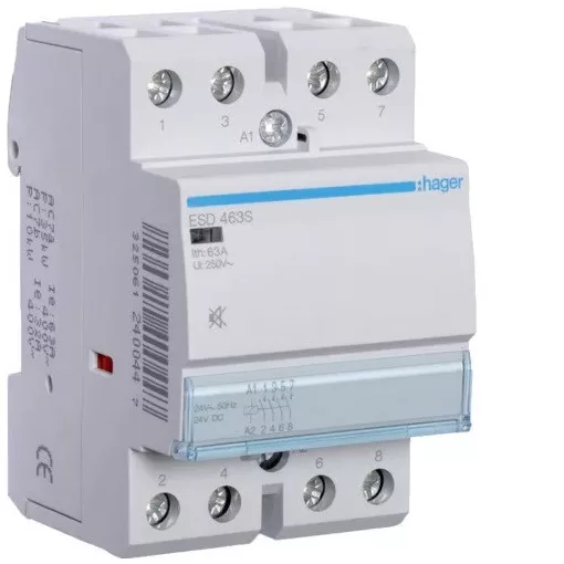 Hager ESD463S, Csendes moduláris kontaktor 63A, 4 Záró érintkező, 24V AC/DC 50 Hz (Hager ESD463S)