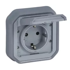   Legrand Plexo 55 069833L vízmentes IP55 csatlakozóaljzat (dugalj) 2P+F csapófedéllel, szürke burkolattal, csavaros vezetékbekötéssel, kerettel, csapófedéllel, süllyesztett kivitel ( összeszerelt ), 16A 250V, Legrand 069833L
