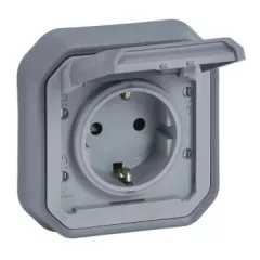   Legrand Plexo 55 069834L vízmentes IP55 csatlakozóaljzat (dugalj) 2P+F csapófedéllel, szürke burkolattal, csavaros vezetékbekötéssel, kerettel, csapófedéllel, süllyesztett kivitel ( összeszerelt ), 16A 250V, Legrand 069834L