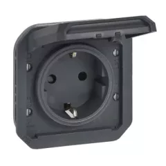   Legrand Plexo 55 069839L vízmentes IP55 csatlakozóaljzat (dugalj) 2P+F csapófedéllel, antracit burkolattal, csavaros vezetékbekötéssel, kerettel, csapófedéllel, süllyesztett kivitel ( összeszerelt ), 16A 250V, Legrand 069839L
