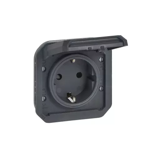 Legrand Plexo 55 069839L vízmentes IP55 csatlakozóaljzat (dugalj) 2P+F csapófedéllel, antracit burkolattal, csavaros vezetékbekötéssel, kerettel, csapófedéllel, süllyesztett kivitel ( összeszerelt ), 16A 250V, Legrand 069839L