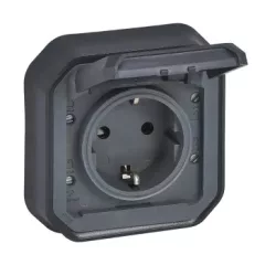   Legrand Plexo 55 069859L vízmentes IP55 csatlakozóaljzat (dugalj) 2P+F csapófedéllel, antracit burkolattal, csavaros vezetékbekötéssel, kerettel, csapófedéllel, süllyesztett kivitel ( összeszerelt ), 16A 250V, Legrand 069859L