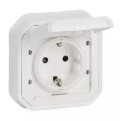   Legrand Plexo 55 069868L vízmentes IP55 csatlakozóaljzat (dugalj) 2P+F csapófedéllel, fehér burkolattal, csavaros vezetékbekötéssel, kerettel, csapófedéllel, süllyesztett kivitel ( összeszerelt ), 16A 250V, Legrand 069868L
