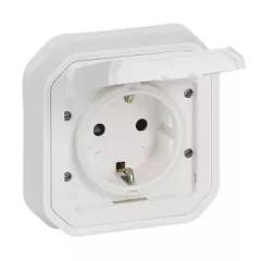   Legrand Plexo 55 069869L vízmentes IP55 csatlakozóaljzat (dugalj) 2P+F csapófedéllel, fehér burkolattal, csavaros vezetékbekötéssel, kerettel, csapófedéllel, süllyesztett kivitel ( összeszerelt ), 16A 250V, Legrand 069869L