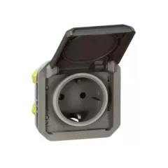   Legrand Plexo 55 069871L vízmentes IP55 csatlakozóaljzat (dugalj) 2P+F csapófedéllel, antracit burkolattal, rugós vezetékbekötéssel, kerettel, csapófedéllel, süllyesztett kivitel ( összeszerelt ), 16A 250V, Legrand 069871L