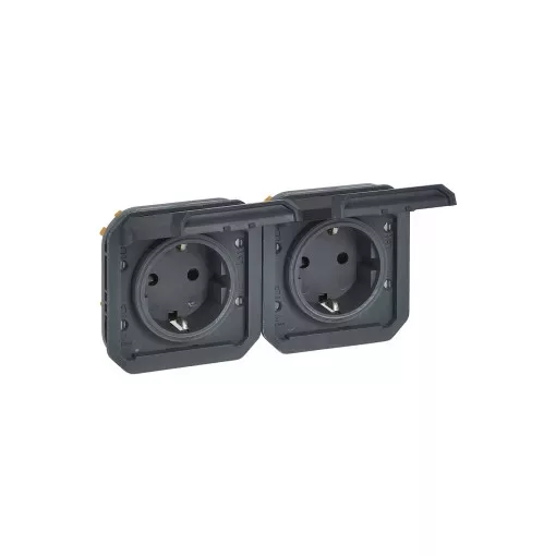 Legrand Plexo 55 069879L vízmentes IP55 csatlakozóaljzat (dugalj) 2X2P+F csapófedéllel, vízszintes , antracit burkolattal, kerettel, csapófedéllel, süllyesztett kivitel ( összeszerelt ), 16A 250V, Legrand 069879L