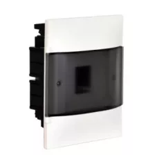   Legrand 134174 Practibox S műanyag kiselosztó 4 modul, 1 sor, Füstszínű ajtóval, IP40, gipszkarton falba süllyesztett, PE és N sínnel, méret : 215x184x100 mm