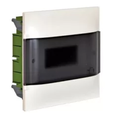   Legrand 134176 Practibox S műanyag kiselosztó 6 modul, 1 sor, Füstszínű ajtóval, IP40, gipszkarton falba süllyesztett, PE és N sínnel, méret : 233x220x100 mm