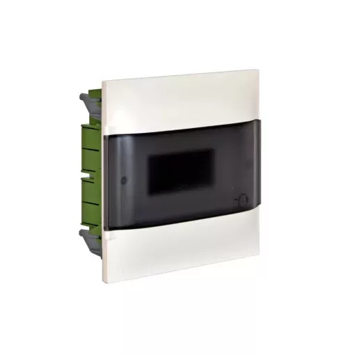 Legrand 134176 Practibox S műanyag kiselosztó 6 modul, 1 sor, Füstszínű ajtóval, IP40, gipszkarton falba süllyesztett, PE és N sínnel, méret : 233x220x100 mm
