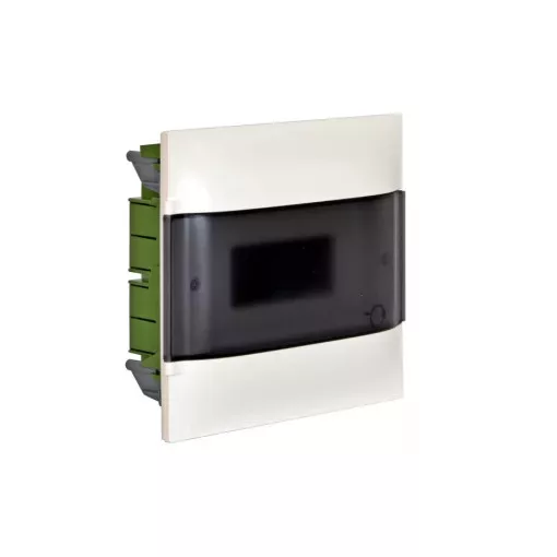 Legrand 134178 Practibox S műanyag kiselosztó 8 modul, 1 sor, Füstszínű ajtóval, IP40, gipszkarton falba süllyesztett, PE és N sínnel, méret : 225x256x100 mm