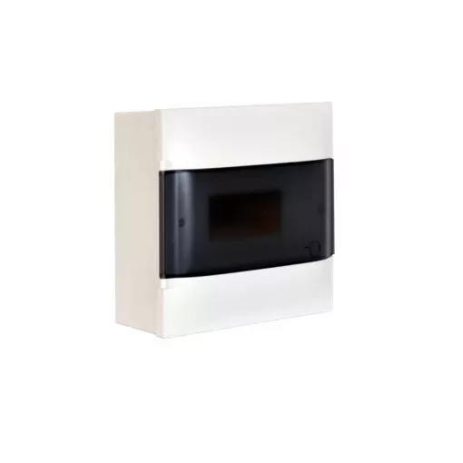 Legrand 134218 Practibox S műanyag kiselosztó 8 modul, 1 sor, Füstszínű ajtóval, IP40, falon kívüli, PE és N sínnel, méret : 226x256x100 mm