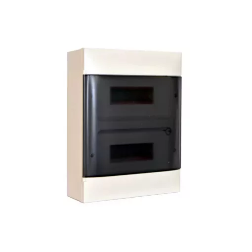 Legrand 135212 Practibox S műanyag kiselosztó 24 modul, 2 sor, Füstszínű ajtóval, IP40, falon kívüli, PE és N sínnel, méret : 386x328x108 mm