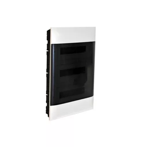 Legrand 137178 Practibox S műanyag kiselosztó 54 modul, 3 sor, Füstszínű ajtóval, IP40, gipszkarton falba süllyesztett, PE és N sínnel, méret : 615x436x103 mm