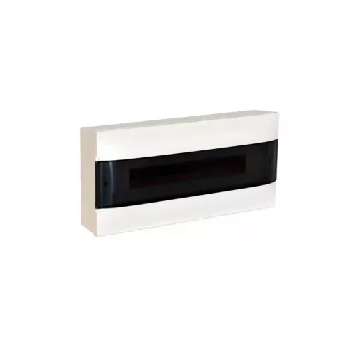 Legrand 137215 Practibox S műanyag kiselosztó 22 modul, 1 sor, Füstszínű ajtóval, IP40, falon kívüli, PE és N sínnel, méret : 236x508x107 mm