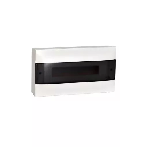 Legrand 137216 Practibox S műanyag kiselosztó 18 modul, 1 sor, Füstszínű ajtóval, IP40, falon kívüli, PE és N sínnel, méret : 236x436x107 mm