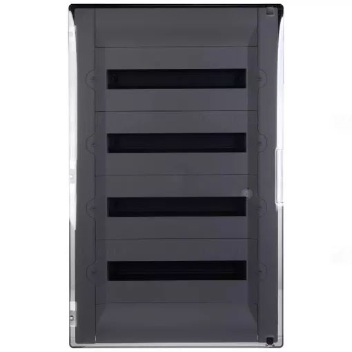 Legrand 401759 Practibox3 süllyesztett kiselosztó, átlátszó füstszínű ajtóval, védőföld és nulla elosztókapoccsal, 4 sor 72 modul, 742x422 ( Legrand 401759 )