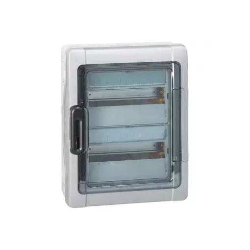 Legrand 601982 Plexo3 védett elosztó 24 modul, 2 sor, átlátszó ajtóval, IP65, PE és N sínnel, falon kívüli, 432x340x161mm