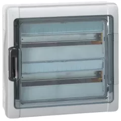   Legrand 601986 Plexo3 védett elosztó 36 modul, 2 sor, átlátszó ajtóval, IP65, PE és N sínnel, falon kívüli, 432x448x161mm