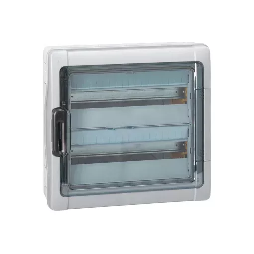 Legrand 601986 Plexo3 védett elosztó 36 modul, 2 sor, átlátszó ajtóval, IP65, PE és N sínnel, falon kívüli, 432x448x161mm