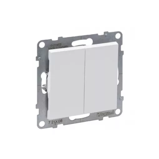 Legrand SUNO 721108 kettős váltóérintkezős kapcsoló (106+6), fehér burkolattal, rugós bekötés, keret nélkül, süllyesztett, 10A 250V IP20