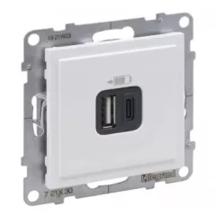   Legrand SUNO 721130 Kettős USB-A + USB-C töltőaljzat, fehér burkolattal, keret nélkül