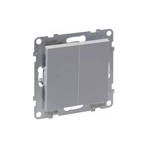 Legrand SUNO 721308 kettős váltóérintkezős kapcsoló (106+6), alumínium burkolattal, rugós bekötés, keret nélkül, süllyesztett, 10A 250V IP20