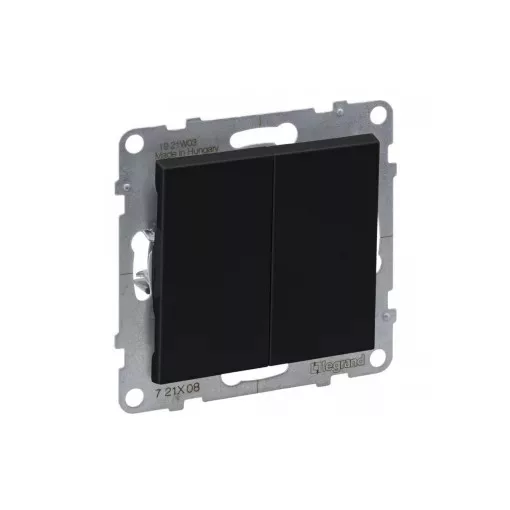Legrand SUNO 721408 kettős váltóérintkezős kapcsoló (106+6), fekete burkolattal, rugós bekötés, keret nélkül, süllyesztett, 10A 250V IP20