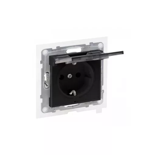 Legrand SUNO 721423 vízmentes földelt csatlakozóaljzat (dugalj), biztonsági zsaluval, csapófedéllel, 2P+F, fekete burkolattal, rugós bekötés, keret nélkül, süllyesztett, 16A 250V IP44