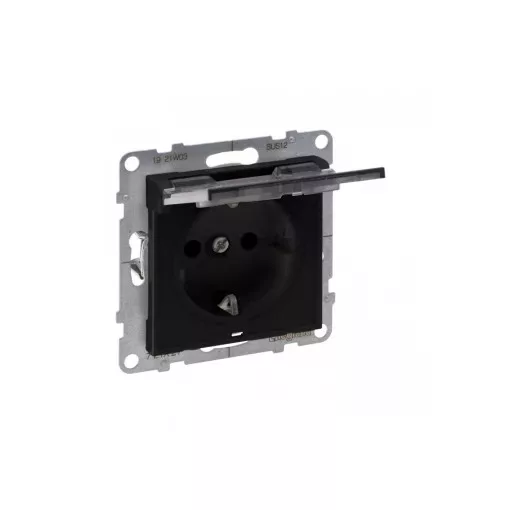 Legrand SUNO 721427 földelt csatlakozóaljzat (dugalj), biztonsági zsaluval, csapófedéllel, 2P+F, fekete burkolattal, rugós bekötés, keret nélkül, süllyesztett, 16A 250V IP21