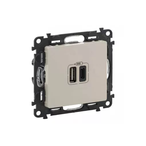 Legrand 753206 Valena Life Töltőaljzat Kettős USB C-típusú + USB A-típusú csatlakozóval, 5V–3A–15W, Túlfesz-védelem >1kW, Class II SELV, Elefántcsont ( Legrand 753206 )
