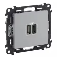   Legrand 753306 Valena Life Töltőaljzat Kettős USB C-típusú + USB A-típusú csatlakozóval, 5V–3A–15W, Túlfesz-védelem >1kW, Class II SELV, Alumínium ( Legrand 753306 )