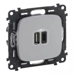   Legrand 754967 Valena Allure Töltőaljzat Kettős USB C-típusú + USB A-típusú csatlakozóval, 5V–3A–15W, Túlfesz-védelem >1kW, Class II SELV, Alumínium ( Legrand 754967 )