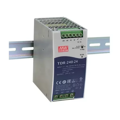 Mean Well TDR-240-24 DIN sínre pattintható tápegység megnövelt bemeneti feszültségtartománnyal, Vin: 340-550 VAC háromfázisú, Vout: 24 VDC (0-10A), P: 240 W, 63 x 125, 2 x 113,5 mm ( TDR-240-24 )