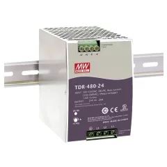   Mean Well TDR-480-24 DIN sínre pattintható tápegység megnövelt bemeneti feszültségtartománnyal, Vin: 340-550 VAC háromfázisú, Vout: 24 VDC (0-20A), P: 480 W, 85,5 x 125, 2 x 128,5 mm ( TDR-480-24 )