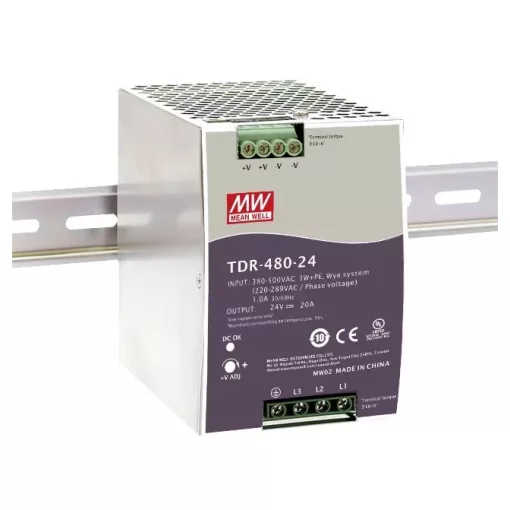 Mean Well TDR-480-24 DIN sínre pattintható tápegység megnövelt bemeneti feszültségtartománnyal, Vin: 340-550 VAC háromfázisú, Vout: 24 VDC (0-20A), P: 480 W, 85,5 x 125, 2 x 128,5 mm ( TDR-480-24 )